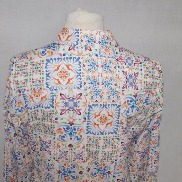 Foxcroft Womens 6 Alexis Watercolor Mosaic  Multicolor No Iron Button  Shirt - Picture 12 of 13